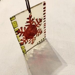 Red Green Snowflake Glass Suncatcher Christmas Ornament 3”x 4” Studio Hanging